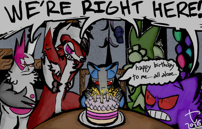 3_fingers ambiguous_gender angry anthro arm_tuft armpit_tuft arms_out balloon bared_teeth belly birthday birthday_cake black_nose blue_body blue_fur cake candle cape chair chest_tuft clothing coat_rack counter countershade_face countershade_torso countershading dessert dialogue dipstick_ears ear_markings facepalm facial_markings fingers floppy_ears food frown frowning_at_another fur fur_markings furniture green_body green_fur grey_background grey_body grey_fur group hair happy_birthday head_markings head_tuft inflatable looking_down markings mask multicolored_body multicolored_ears multicolored_fur nude on_chair pink_body pink_eyes pink_fur plate pointy_ears prick_ears purple_body purple_fur raised_arms red_body red_eyes red_fur shared_dialogue shared_speech_bubble shoulder_tuft simple_background sitting sitting_on_chair snout speech_bubble standing table tan_body tan_fur teeth text tuft two_tone_body two_tone_fur whiskers white_body white_fur wide_stance yelling yelling_at_another carnaltwin nintendo pokemon canid canine felid feline generation_1_pokemon generation_3_pokemon generation_4_pokemon generation_7_pokemon generation_9_pokemon gengar ghost lucario lycanroc mammal meowscarada midnight_lycanroc pokemon_(species) spirit zangoose 2026 digital_drawing_(artwork) digital_media_(artwork) english_text handwritten_text watermark