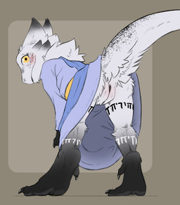 anthro bent_over black_body black_fur black_vulva blush body_blush butt clothed clothing eyelashes female female_anthro fluffy fluffy_tail freckled_ears freckled_face freckled_tail freckles fur fur_markings genitals gradient_fur looking_at_viewer looking_back low-angle_view markings neck_tuft no_underwear non-mammal_vulva plump_labia presenting presenting_hindquarters raised_tail rear_view robe simple_background smile solo tail thick_tail thick_thighs tuft upskirt vulva vulva_blush white_body white_fur yellow_eyes flamespitter ezra_(anunusedaccount) furred_kobold furred_scalie kobold scalie hi_res