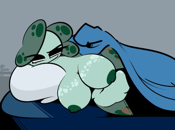anthro bed bedding big_breasts blanket breasts female furniture genitals huge_breasts looking_at_viewer navel nipples non-mammal_breasts non-mammal_navel non-mammal_nipples nude on_bed overweight overweight_anthro overweight_female pillow seductive solo thick_thighs under_blanket vulva wide_hips 1upgobbo marie_(1upgobbo) amphibian frog 2025 hi_res