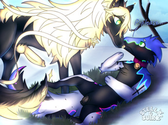 animal_genitalia animal_penis animal_vulva balls begging bell bell_collar black_body black_fur blue_body blue_fur blush canine_genitalia canine_penis canine_vulva chest_tuft cloud cloudy_sky collar collar_only cross_(marking) detailed_background dialogue duo erection female feral fluffy fluffy_tail fur genitals glowing glowing_body glowing_eyes glowing_fur glowing_genitalia glowing_penis glowing_ribbons glowing_vulva grass green_eyes head_tuft in_heat knot knotted_penis male mane markings mostly_nude multicolored_markings nude paws penis plant rainbow_markings requesting rgb_lighting ribbons sex_request shy sky snow tail text tree tuft vulva white_body white_fur winter stellaamoris mythology junpei_(auroratabi) rishian_(stellaamoris) canid canine canis dragon furred_dragon furred_scalie mammal mythological_creature mythological_scalie scalie star-born_wolf wolf absurd_res digital_drawing_(artwork) digital_media_(artwork) english_text hi_res