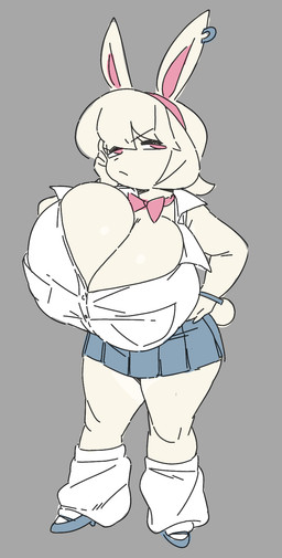 accessory anthro big_breasts blue_bottomwear blue_clothing blue_footwear blue_shoes blue_skirt bottomwear bow_tie bracelet breast_squish breasts cleavage cleavage_overflow clothed clothed_anthro clothed_female clothing ear_piercing ear_ring female female_anthro footwear hair hair_accessory hairband hand_on_hip hand_on_own_face hand_on_own_hip huge_breasts jewelry looking_at_viewer loose_socks piercing pockets red_bow_tie red_eyes red_hairband ring_piercing shirt shoes skirt socks solo squish tail thick_thighs topwear white_body white_clothing white_footwear white_hair white_shirt white_socks white_topwear aortauricle lagomorph leporid mammal rabbit 2026 colored_sketch digital_drawing_(artwork) digital_media_(artwork) hi_res sketch