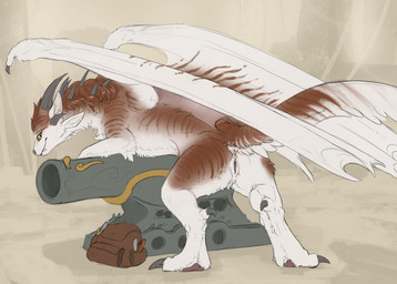 anus brown_body brown_fur brown_hair butt cannon claws curly_hair fangs feet female feral fur genitals green_eyes hair hindpaw horn leaning looking_at_viewer looking_back mane membrane_(anatomy) membranous_wings multi_ear paws pink_nose presenting presenting_hindquarters presenting_vulva pupils raised_tail ranged_weapon slit_pupils smile solo tail teeth toe_claws vulva weapon white_body white_fur wings flamespitter guild_wars mythology micca_feralchain charr dragon felid furred_dragon furred_scalie hybrid mammal mythological_creature mythological_scalie scalie 2019 digital_media_(artwork)