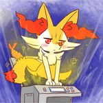 3_fingers ambiguous_gender anthro black_body black_fur blush fingers food fried_shrimp fur inner_ear_fluff light photocopier photocopying_self red_eyes simple_background sitting solo tuft white_body white_fur yellow_body yellow_fur annyui0611 nintendo pokemon braixen canid canine generation_6_pokemon mammal pokemon_(species) 1:1 digital_media_(artwork)