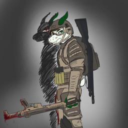 after_murder anthro armor blood blood_on_clothing blood_on_face blood_on_object blood_on_visor blood_on_weapon bodily_fluids body_armor broken_glass clothing eye_glint fingers fur glass green_eyes green_hooves green_horn gun headgear helmet hooved_fingers hooves horn improper_gun_handling looking_at_viewer male military_uniform ranged_weapon red_eyes rifle shadow shotgun solo uniform visor weapon white_body white_fur templar_ponyboy nick_the_goat boss_monster_(undertale) bovid caprine mammal 1:1 hi_res