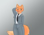 anthro business_suit clothed clothing eyebrow_piercing facial_piercing feet female fluffy fluffy_tail fur grey_background hand_behind_back hand_behind_head jacket long_tail narrowed_eyes necktie open_clothing open_jacket open_topwear orange_body orange_fur piercing plantigrade seductive simple_background sitting solo suit tail tongue tongue_out topwear kadeki dreamworks the_bad_guys diane_foxington canid canine fox mammal 5:4 digital_drawing_(artwork) digital_media_(artwork) hi_res portrait three-quarter_portrait