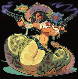 anthro apode big_breasts black_background black_hair bottomwear breasts cigarette cigarette_in_mouth clothing denim denim_bottomwear denim_clothing denim_shorts eyebrows eyelashes eyeshadow female gun hair hair_over_eye handgun hat headgear headwear holding_gun holding_handgun holding_object holding_ranged_weapon holding_revolver holding_weapon legless long_eyelashes long_hair looking_at_viewer makeup mask narrowed_eyes navel navel_piercing object_in_mouth piercing pink_eyeshadow ranged_weapon revolver serpentine shirt shorts simple_background small_waist smoke solo sombrero sound_effects tank_top thong_straps topwear torn_clothing under_boob weapon wrapped_arms wraps yellow_sclera spicyfuse draconcopode pit_viper rattlesnake reptile scalie snake viper 2026
