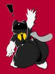 anthro backsack balls big_butt black_body black_fur butt butt_focus clothing duo erect_tail exclamation_point fur genitals kerchief male markings mask messy_tail simple_background solo_focus tail tail_markings tail_shock thick_thighs wedgie white_body white_fur trashdrawy atlus megami_tensei megami_tensei_persona persona_(series) persona_5 sega morgana_(persona) domestic_cat felid feline felis mammal tuxedo_cat 3:4 hi_res