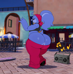 anthro beak big_butt boombox bottomwear bottomwear_down breasts butt butt_cleavage clothed clothed_anthro clothed_female clothing dancing denim denim_bottomwear denim_clothing eyes_closed female female_anthro hair headgear headwear huge_butt huge_hips huge_thighs jeans kerchief non-mammal_breasts oblivious pants pants_down partially_clothed sagging_pants shortstack shortstack_female slightly_chubby slightly_chubby_female solo tail thick_thighs wardrobe_malfunction wide_hips sssonic2 tango_(sssonic2) avian bird 2025 digital_media_(artwork) hi_res