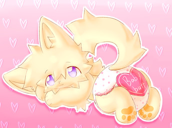 anthro clean_diaper clothed clothing diaper eonate female lying pink_background purple_eyes raised_tail simple_background solo tail wearing_diaper yellow_body wayletuwu domestic_cat felid feline felis mammal hi_res