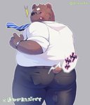 anthro blush bottomwear brown_body brown_fur butt clothing eyewear fur glasses humanoid_hands kemono male necktie overweight overweight_anthro overweight_male pants sex_toy shirt solo text topwear un0sk bear mammal 2016 hi_res japanese_text