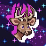 ambiguous_form ambiguous_gender antlers brown_body brown_fur brown_nose eyebrows fur horn purple_background purple_eyes simple_background smile snout solo sparkles tan_antlers dyyrlysh kristoffer_everglade deer mammal new_world_deer white-tailed_deer 1:1 2022 aseprite_(artwork) digital_media_(artwork) headshot_portrait pixel_(artwork) portrait shaded