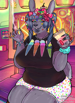accessory anthro bench beverage big_breasts blue_hair breasts container cup drugs female fur grey_body grey_fur hair hair_accessory marijuana milk_tea on_bench overweight overweight_female sitting sitting_on_bench smoking smoking_marijuana solo tongue tongue_out sonne doki_(sonne) domestic_rabbit flemish_giant lagomorph leporid mammal oryctolagus rabbit hi_res