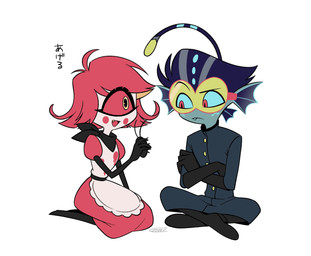 1_eye ambiguous_gender anthro clothed clothing duo ear_frill eyewear female feral frill_(anatomy) glasses male simple_background sitting text white_background enaic31 hazbin_hotel hellaverse baxter_(hazbin_hotel) niffty_(hazbin_hotel) anglerfish aquatic arthropod blattodean cockroach cyclops demon demon_humanoid fish humanoid insect hi_res japanese_text