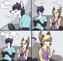 anthro clothed clothing death_stare duo electronics eyewear femboy fur gaming glasses hair headphones looking_at_another male sitting stare text redpixie osiris_henschel canid canine fennec_fox fox mammal true_fox comic english_text hi_res