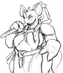 2024 3_fingers anthro apron barely_visible_nipples big_breasts biped black_and_white breasts clothing female fingers generation_1_pokemon hammer hi_res horn looking_at_viewer monochrome muscular muscular_female nidoqueen nintendo nipples pokemon pokemon_(species) simple_background solo thick_thighs tools yamabat