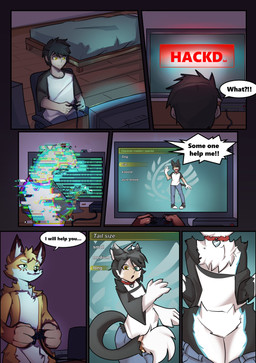 anthro bed binary_code black_body black_fur bottomwear chair character_creator clothing collar computer_monitor controller dialogue duo female forced forced_transformation fur furniture growth holding_controller holding_object human_to_anthro male office_chair pants shirt smile species_transformation surprised tail tail_growth text topwear transformation white_body white_fur dimitriahn canid canine domestic_cat felid feline felis fox human mammal 2025 absurd_res comic digital_media_(artwork) english_text hi_res