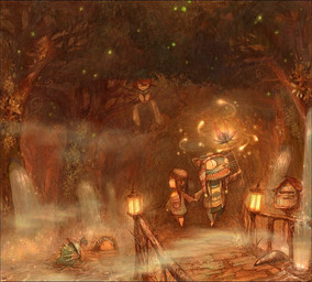 amazing_background anthro bridge detailed_background fantasy female fog group hand_holding lamp lantern leading magic toony young tahra ambient_arthropod ambient_firefly ambient_insect arthropod domestic_cat felid feline felis human mammal 2007 detailed digital_media_(artwork) digital_painting_(artwork) painting_(artwork)
