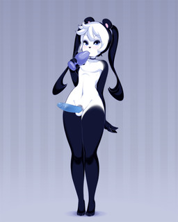abstract_background anthro balls black_body black_fur black_hair blue_eyes buttplug buttplug_in_mouth chastity_cage chastity_cage_only chastity_device chastity_device_only choker dildo femboy flat_chastity_cage fur genitals gloves_(marking) hair humanoid_dildo jewelry leg_markings male male_wearing_chastity male_wearing_strapon markings navel necklace nude oral oral_penetration penetration pigtails plug_(sex_toy) seductive sex_toy sex_toy_in_mouth sex_toy_insertion small_waist socks_(marking) solo standing strapon strapon_over_chastity strapon_over_penis transparent_dildo transparent_sex_toy wearing_chastity_cage wearing_chastity_device white_body white_fur white_hair miu quinn_(miu) bear giant_panda mammal 2024 4:5 hi_res