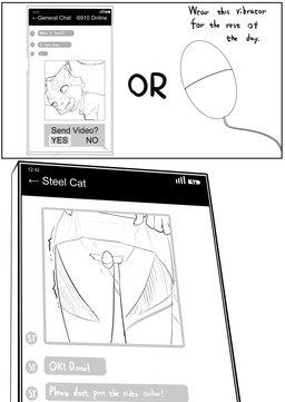 andromorph anthro blackmail clothed clothing clothing_lift intersex sex_toy shirt shirt_lift simple_background solo standing text topwear vibrator white_background steel_cat steel_cat_(character) domestic_cat felid feline felis mammal absurd_res comic english_text greyscale hi_res monochrome