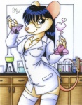 anthro beaker biped blue_eyes book breasts bunsen_burner cleavage clothed clothing coat desk erlenmeyer_flask eyewear female fur furniture glasses holding_flask inside jewelry lab_coat laboratory laboratory_equipment laboratory_glassware looking_at_viewer necklace scientific_instrument scientist skimpy solo standing table tail tan_body tan_fur test_tube topwear michele_light mammal mouse murid murine rodent 2007 absurd_res hi_res signature