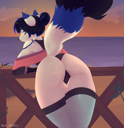 anthro balcony beach butt butt_focus clothed clothing crossdressing ears_up femboy legwear looking_at_viewer looking_back looking_back_at_viewer male rear_view seaside solo stockings sunrise sunset tail aoi_hoshi canid canine canis fox hybrid mammal wolf absurd_res hi_res
