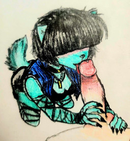 bangs blue_body blue_fur bottomwear breasts cleavage clothed clothing female fur genitals licking oral penile penis penis_lick sex shorts tail tongue topwear vest zfka ambiguous_species canid canine mammal absurd_res crayon_(artwork) hi_res traditional_media_(artwork)