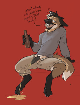 alcohol anthro beer beverage bodily_fluids casual_urination drunk genital_fluids genitals looking_at_viewer male peeing penis solo substance_intoxication urine watersports krakencalamari karidas_(rexroyale) canid canine mammal maned_wolf hi_res
