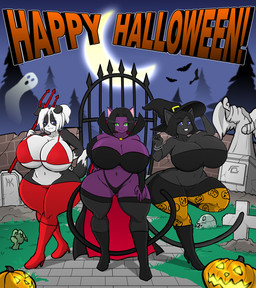 anthro big_breasts bikini black_body black_fur black_hair blue_eyes boots bottomwear bra bracelet breasts cape cemetery cleavage clothed clothing costume curvy_figure fangs female food footwear fruit fur green_eyes group hair halloween_costume hat headgear headwear high_heeled_boots high_heels holidays huge_breasts jack-o'-lantern jewelry leggings legwear looking_at_viewer magic_user midriff navel navel_piercing pants piercing pitchfork plant pumpkin shoes smile swimwear teeth text thick_thighs thigh_highs thong tools topwear tube_top two-piece_swimsuit underwear voluptuous white_body white_fur white_hair wide_hips witch witch_hat hayakain halloween lanie_bannister_(lildredre) melinda_pastor_(lildredre) monique_bellemare_(lildredre) border_collie canid canine canis collie demon domestic_cat domestic_dog felid feline felis ghost herding_dog mammal pastoral_dog sheepdog spirit vampire digital_media_(artwork) hi_res
