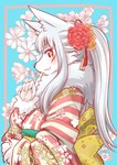 :3 accessory anthro asian_clothing blue_background circle_eyebrows clothed clothing east_asian_clothing eyebrow_through_hair eyebrows female finger_on_chin floral_print flower flower_in_hair fur hair hair_accessory japanese_clothing kemono kimono neck_tuft obi pawpads plant red_eyes side_mouth side_view simple_background smile solo translucent translucent_hair tuft white_body white_fur white_hair yuuki_ray tamamo-chan's_a_fox tamamo_fushimi canid canine fox mammal 2019 absurd_res hi_res