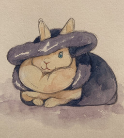 :3 blue_eyes clothed clothing dewlap_(anatomy) duo female feral hat headgear headwear kemono ichthy0stega lagomorph leporid mammal rabbit 2019 hi_res traditional_media_(artwork)