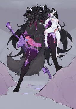 3_heads 4_toes 5_fingers abdominal_bulge anthro areola belly big_belly big_breasts big_penis big_tongue biped black_body black_fur black_hair black_sclera blue_cum blush bodily_fluids breasts claws colored_cum colorful_cum corruption cum cum_drip cum_from_vagina cum_in_vagina cum_inside cum_on_leg cum_on_penis cum_overflow deep_kiss digitigrade dripping duo feet female finger_claws fingers ftg_transformation fti_transformation fur gender_transformation genital_fluids genital_growth genitals growth gynomorph hair hand_on_head hand_on_nipple intersex kissing larger_anthro larger_gynomorph larger_intersex leaking_cum licking licking_lips long_tongue looking_pleasured masturbation melee_weapon multi_head nipples nude open_mouth orgasm paws penile penile_masturbation penis penis_growth pink_areola pink_cum purple_areola sealed simple_background size_difference smile sword tail thick_thighs toe_claws toes tongue tongue_out transformation unusual_bodily_fluids unusual_cum unusual_genital_fluids vein veiny_penis vulva weapon white_body white_fur white_hair womb_tattoo yellow_eyes lc79510455 kay_rox nihaku_(character) canid canine canis mammal wolf 2025 digital_media_(artwork) hi_res