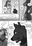 abs anthro athletic black_body black_fur canid canine canis comic dialogue duo english_text fur grey_body grey_fur hi_res hotel male male/male mammal maririn monochrome muscular muscular_male text wolf