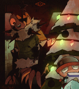 4_claws armwear beverage_bottle black_eyes black_liquid black_spikes blue_sweatshirt bodily_fluids bottle christmas_clothing christmas_decorations christmas_lights christmas_ornament christmas_pattern christmas_star christmas_sweater christmas_topwear christmas_tree claws clothed clothing collar container covering covering_mouth detailed_background duo elbow_gloves eye_symbol eyelashes female for_a_head gachapon gloves green_clothing green_sweater green_topwear handwear holidays ichor liquid long_sleeves medkit nervous not_furry open_mouth open_smile ornament pantsless pattern_clothing pattern_sweater pattern_topwear plant pupils red_body red_pupils red_sclera sharp_teeth shattered smile soda_bottle spiked_collar spikes spikes_(anatomy) stained_clothing sweat sweater sweatshirt tears teeth topwear torn_clothing tree white_fluff caitromena blushcrunch_studio christmas dandy's_world roblox gigi_(dandy's_world) t.bobette_(dandy's_world) animate_inanimate humanoid object_head toon_(dandy's_world) twisted_(dandy's_world) 2025 absurd_res digital_media_(artwork) digital_painting_(artwork) digital_watercolor_(artwork) hi_res painting_(artwork) watercolor_(artwork)