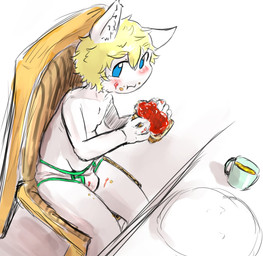 anthro beverage biped blonde_hair blue_eyes blush bread briefs bulge chair clothed clothing colored_seam_underwear container cup eating food fur furniture green_seam_underwear hair holding_food holding_object jelly_(food) looking_at_viewer male nipples peanut_butter plate sandwich_(food) shota sitting solo table topless underwear white_body white_briefs white_clothing white_fur white_underwear young young_anthro rainichi canid canine canis domestic_dog mammal hi_res