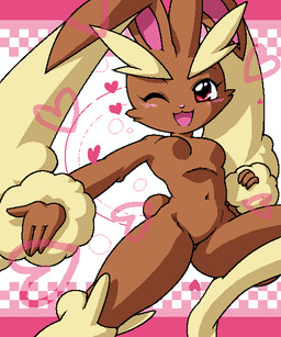 4_fingers anthro anthrofied big_ears biped blonde_eyebrows blush breasts brown_body brown_breasts brown_ears brown_fur brown_tail eyebrows featureless_breasts featureless_crotch female fingers fur heart_symbol iris long_ears looking_at_viewer monotone_body monotone_fur monotone_tail multicolored_body multicolored_ears multicolored_fur navel nude one_eye_closed open_mouth outstretched_arm pattern_background pink_heart pink_nose pokemorph pupils red_eyes short_tail simple_background small_nose solo tail thick_eyebrows two_tone_body two_tone_ears two_tone_fur wink wool_(fur) y2k_(graphic_design) yellow_body yellow_ears yellow_fur yellow_wool g-sun nintendo pokemon generation_4_pokemon lagomorph lopunny mammal pokemon_(species) 5:6 digital_media_(artwork) oekaki pink_theme warm_colors