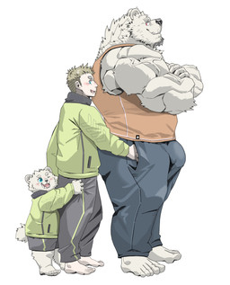 anthro barefoot biceps blonde_hair blue_bottomwear blue_clothing blue_eyes blue_pants blush bottomwear bulge clothing deltoids facial_hair family feet fur gay_dads goatee green_clothing green_jacket green_topwear grey_bottomwear grey_clothing grey_shorts group hair hug human_on_anthro human_parent_anthro_child interspecies jacket kemono larger_anthro male male/male muscular muscular_anthro muscular_male open_mouth orange_clothing orange_shirt orange_tank_top orange_topwear pants red_eyes shirt shorts size_difference smaller_anthro smaller_human tail tank_top topwear triceps trio vein veiny_muscles white_body white_fur young young_anthro young_male chan_kiti_chan bear human mammal polar_bear ursine absurd_res hi_res father_(lore) father_and_child_(lore) father_and_son_(lore) parent_(lore) parent_and_child_(lore) parent_and_son_(lore) son_(lore)