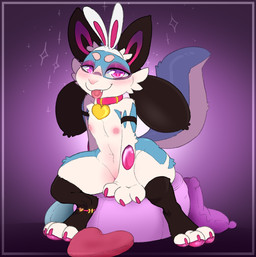 3_toes anklet anthro blush bunny_costume claws clothing collar costume fake_ears fake_rabbit_ears feet female fur hair jewelry looking_at_viewer nipples nude pawpads paws simple_background sitting smile solo tail teeth toe_claws toes tongue tongue_out backsash nintendo pokemon canid canine generation_4_pokemon mammal pokemon_(species) riolu 2024 digital_media_(artwork) hi_res