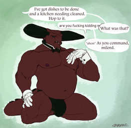 anthro balls belly biceps bow_tie briefs bulge butler clothing collar cuff_links cuffs_(clothing) dialogue formal formal_wear genitals gentleman gloves handwear horn kneeling male master musclegut muscular muscular_anthro muscular_male muscular_sub nipples overweight overweight_anthro overweight_male pecs penis profanity servant shirt_cuffs slightly_chubby slightly_chubby_male solo speech_bubble speedo submissive submissive_male swimwear text thong underwear papyreit percival demon english_text hi_res