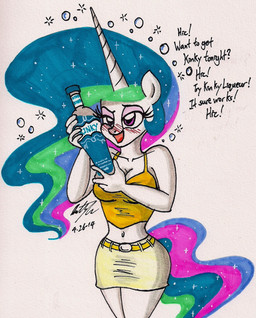 alcohol anthro anthrofied beverage big_breasts blush breasts cleavage clothed clothing drunk female food horn solo substance_intoxication text newyorkx3 friendship_is_magic hasbro my_little_pony mythology princess_celestia_(mlp) equid equine mammal mythological_creature mythological_equine unicorn 2014 english_text hi_res