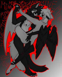 anthro breasts controlled corruption demonic_wings dialogue duo evil_face female female/female fur gradient_background hand_holding hypnosis intertwined mind_control multicolored_body multicolored_fur nipples obsessed outline red_outline sadism sadistic_expression simple_background text wings nervouslybrave hybrid 4:5 absurd_res full-length_portrait hi_res portrait