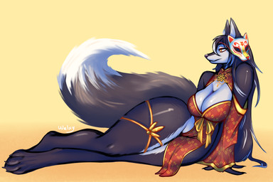 anthro asian breasts female fur mask multicolored_body solo we1xy welxy welxy_here canid canine fox mammal 3:2 full-length_portrait hi_res portrait sketch