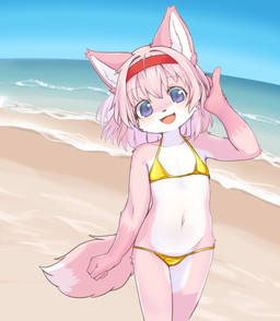 accessory anthro beach bikini camel_toe clothing collarbone countershading dipstick_tail female flat_chested fur gold_bikini hair hair_accessory hairband happy kemono looking_at_viewer markings navel pink_body pink_fur pink_hair pink_tail purple_eyes smile solo standing string_bikini swimwear tail tail_markings touching_hair triangle_bikini two-piece_swimsuit white_body white_fur young young_anthro young_female canopus335 momotaro_(giridechoco) canid canine mammal hi_res portrait three-quarter_portrait