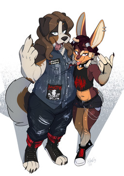 anthro armwear battle_jacket belt biped black_body black_fur bottomwear brown_body brown_fur buckteeth clothing collar denim denim_clothing denim_topwear denim_vest dreadlocks duo femboy fishnet_armwear fishnet_bridal_gauntlets fishnet_clothing fishnet_leggings fishnet_legwear flipping_viewer_off footwear fur furgonomic_footwear furgonomics gesture hand_gesture leggings legwear looking_at_viewer male middle_finger multicolored_body multicolored_fur orange_body orange_fur pants red_eyes shorts spiked_collar spikes standing teeth text tongue tongue_out topwear torn_clothing torn_leggings torn_legwear vest white_body white_fur yellowdog alestorm electric_callboy metallica darragh_(setthemood) canid canine canis domestic_dog domestic_rabbit lagomorph leporid mammal oryctolagus rabbit tan_rabbit 2026 absurd_res digital_media_(artwork) english_text hi_res