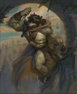 anthro beard black_hair black_nose bottomwear clothing facial_hair fur grey_body grey_fur hair hood knife loincloth male multicolored_body multicolored_fur nipples paws scar solo tail jerome_jacinto ronin_(innovator_aegis) canid canine canis mammal wolf