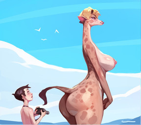 ambient_silhouette anthro big_breasts big_butt blonde_hair blush breasts butt camera duo_focus female group hair horn huge_butt larger_anthro larger_female long_neck male nipples nude ossicone outside short_hair silhouette size_difference smaller_human smaller_male tail tail_tuft tuft cyancapsule ambient_bird ambient_flier avian bird giraffe giraffid human mammal