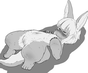 4_toes 5_fingers anthro areola big_ears blush blush_lines bodily_fluids bridge_pose eyebrows feet female female_anthro fingers flat_chested fur genitals hair horizontal_pupils inner_ear_fluff looking_pleasured lying multicolored_body multicolored_fur multicolored_tail navel nipple_fetish nipple_pinch nipple_play nipples nude nude_anthro nude_female on_back pinch pupils simple_background solo sweat sweaty_body tail thin_eyebrows toes tuft two_tone_body two_tone_fur vulva whiskers young young_anthro young_female gyogyogyoen made_in_abyss nanachi lagomorph mammal narehate 2026 absurd_res digital_media_(artwork) hi_res monochrome