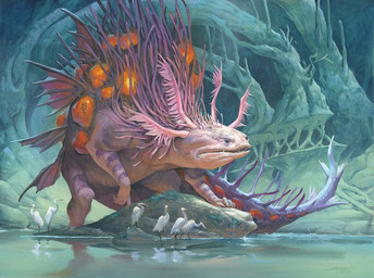 ambiguous_gender beak detailed_background feral fin group lake open_mouth pink_body plant sharp_teeth size_difference standing tail teeth tree water white_body jesper_ejsing hasbro magic:_the_gathering wizards_of_the_coast amphibian aquatic avian axolotl bird mole_salamander salamander 2024 official_art