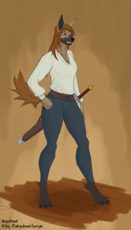 anthro belt brown_body brown_fur brown_hair clothing digitigrade facial_scar fangs_bared female fur hair melee_weapon purple_eyes scabbard scar snout solo sword tail weapon abysstheposs skuld_(abysstheposs) gnoll hyena mammal hi_res