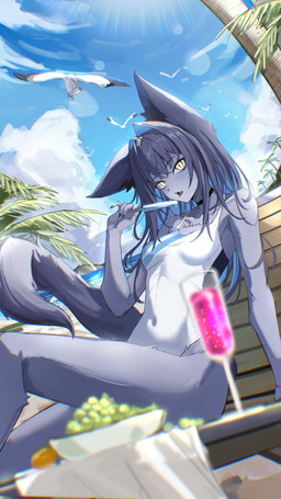5_fingers alcohol anthro beverage blue_body blue_fur blue_hair breasts clothed clothing dessert female fingers food fur hair ice_cream open_mouth small_breasts solo swimwear tail yellow_eyes zino_haonuo1 sani_yang's_laboratory namo_(sani_yang's_laboratory) canid canine felid feline mammal absurd_res hi_res