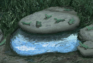 ambiguous_gender dirt feral grass green_body group outside plant puddle rock demensa lizard reptile scalie 2021 digital_media_(artwork) pixel_(artwork)